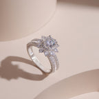 ELVORIA 7mm Moissanite Floral Setting Ring GRA ELVDA04 – Platinum Plated 925 Sterling Silver