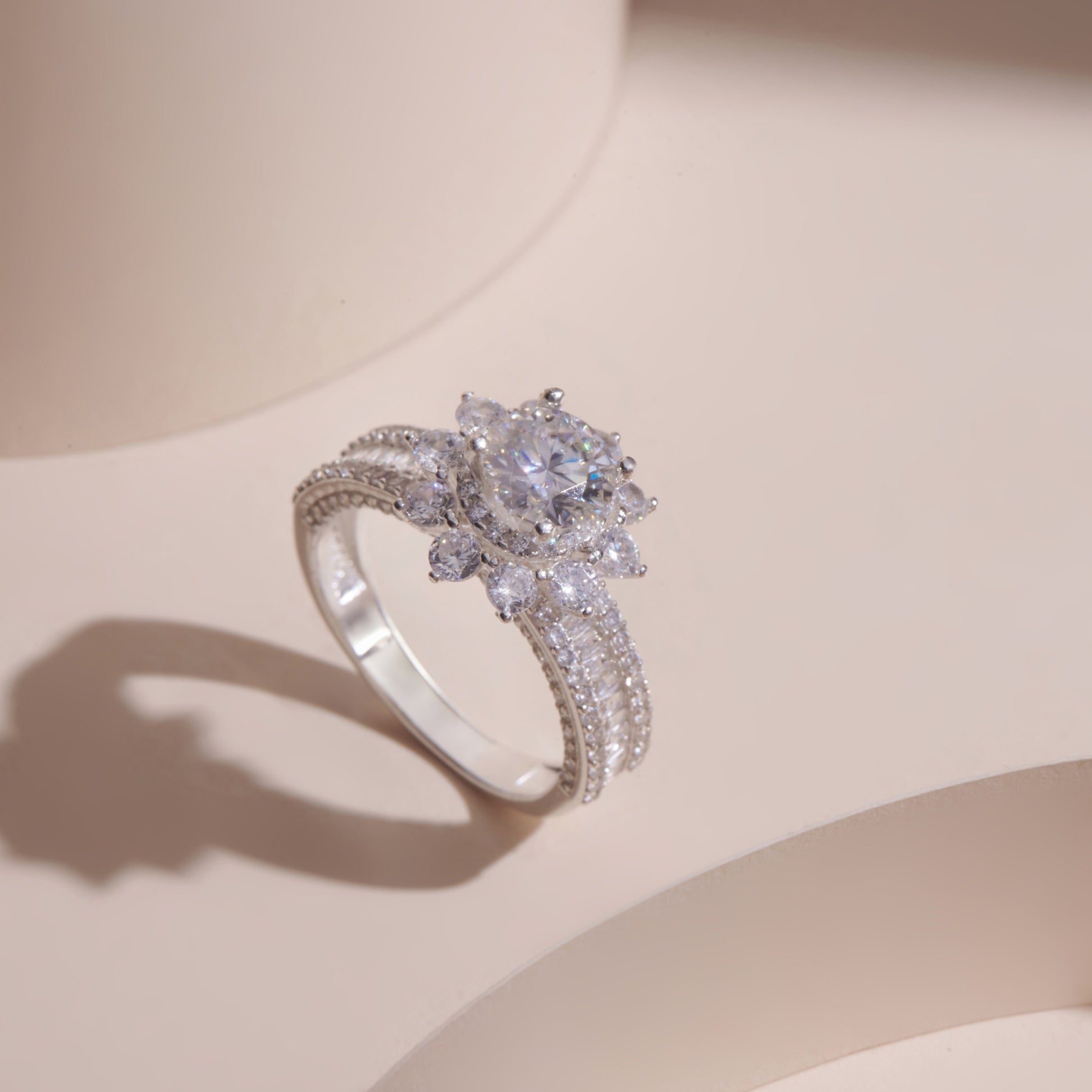 ELVORIA 7mm Moissanite Floral Setting Ring GRA ELVDA04 – Platinum Plated 925 Sterling Silver