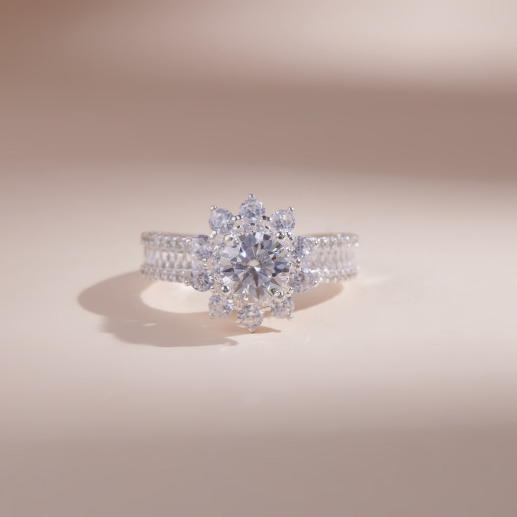 ELVORIA 7mm Moissanite Floral Setting Ring GRA ELVDA04 – Platinum Plated 925 Sterling Silver