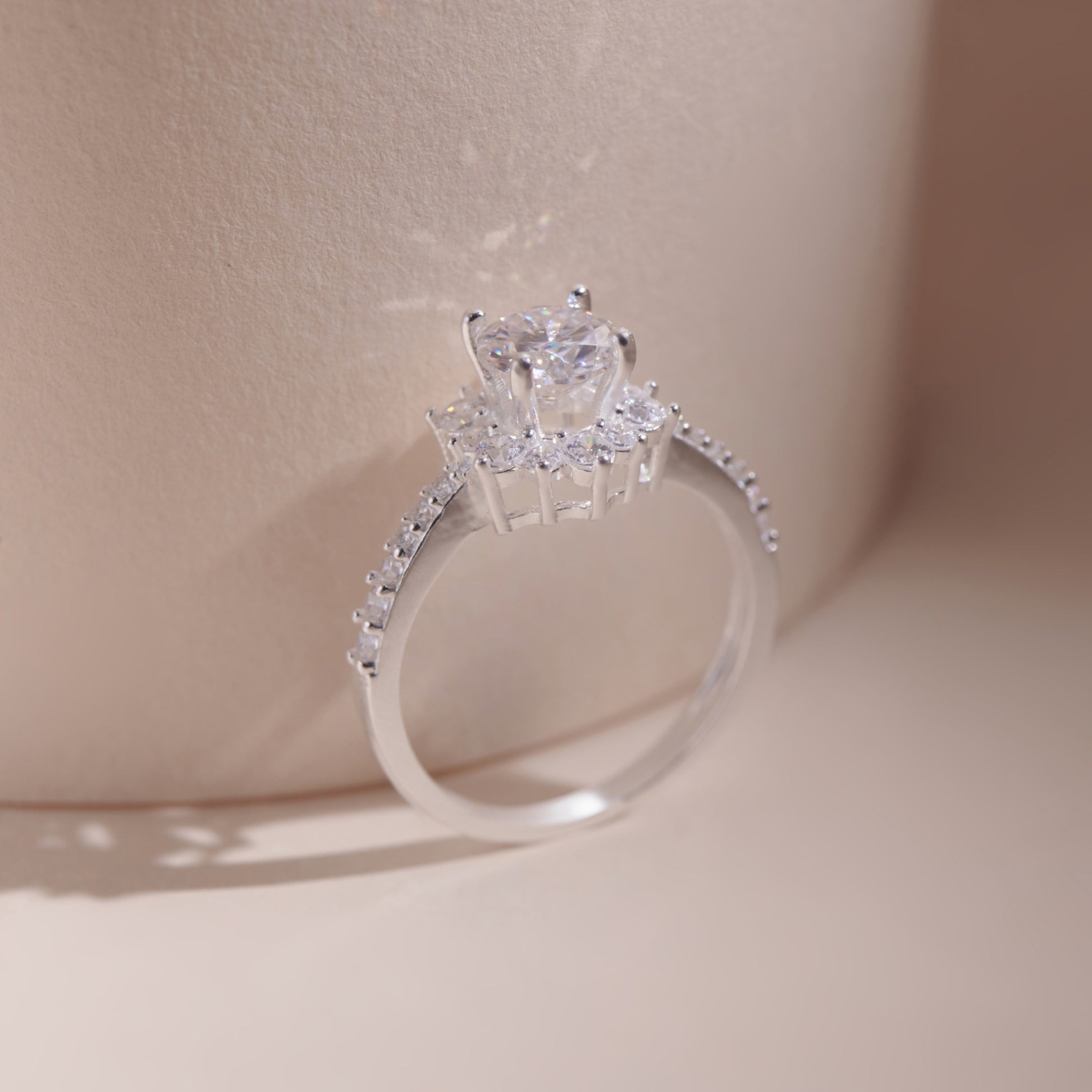 ELVORIA 6mm Moissanite Ten-Petal Flower Ring GRA ELVDA05 – Platinum Plated 925 Sterling Silver