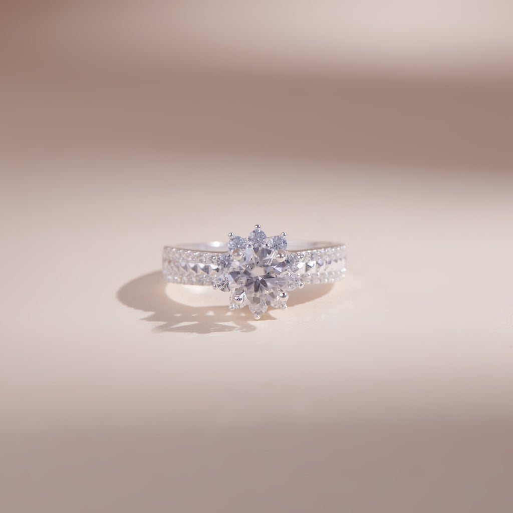 ELVORIA 5mm Moissanite Flower Ring GRA ELVDA07 – Platinum Plated 925 Sterling Silver