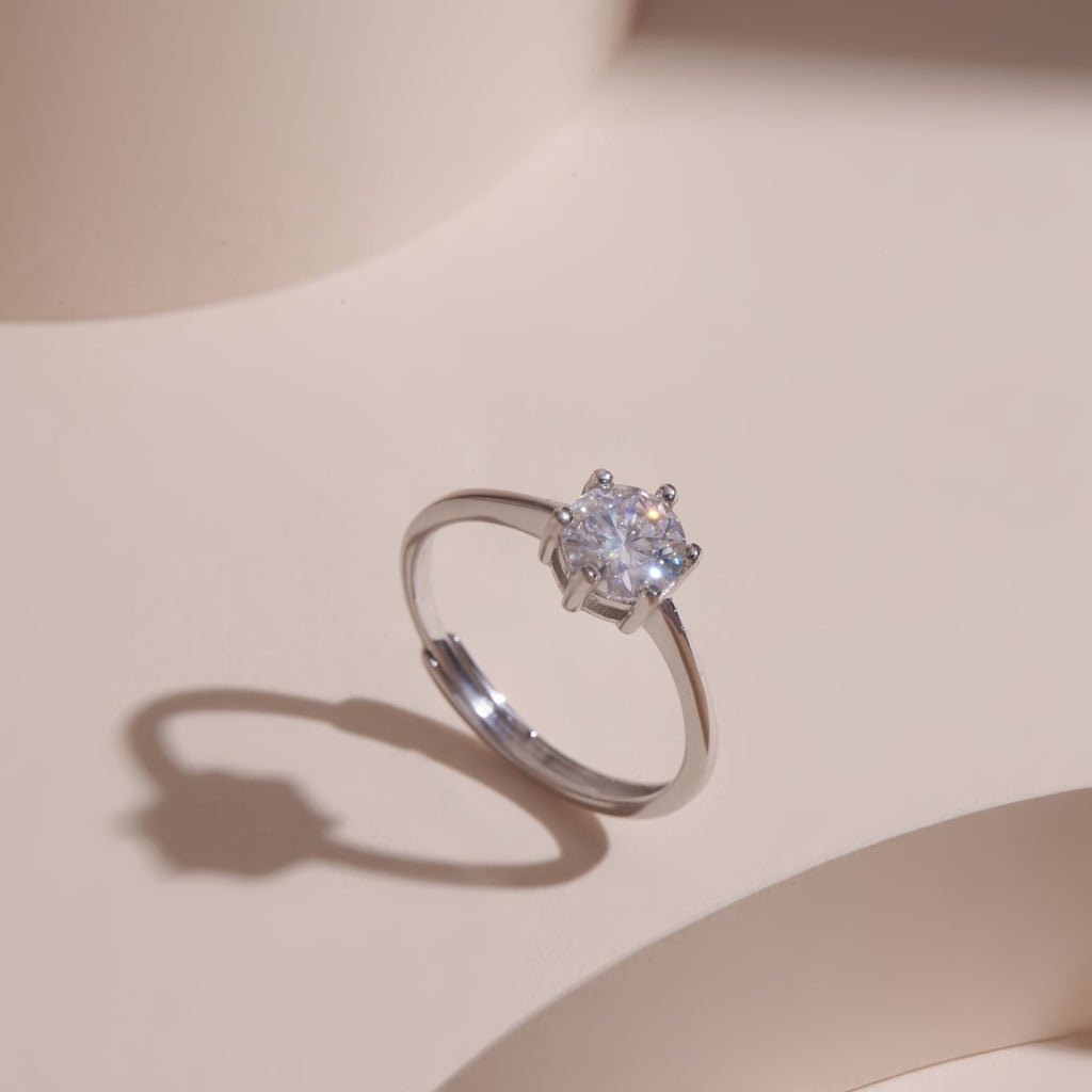 ELVORIA 6.5mm Moissanite Ring GRA ELVDA93 – Platinum Plated 925 Sterling Silver (Adjustable)