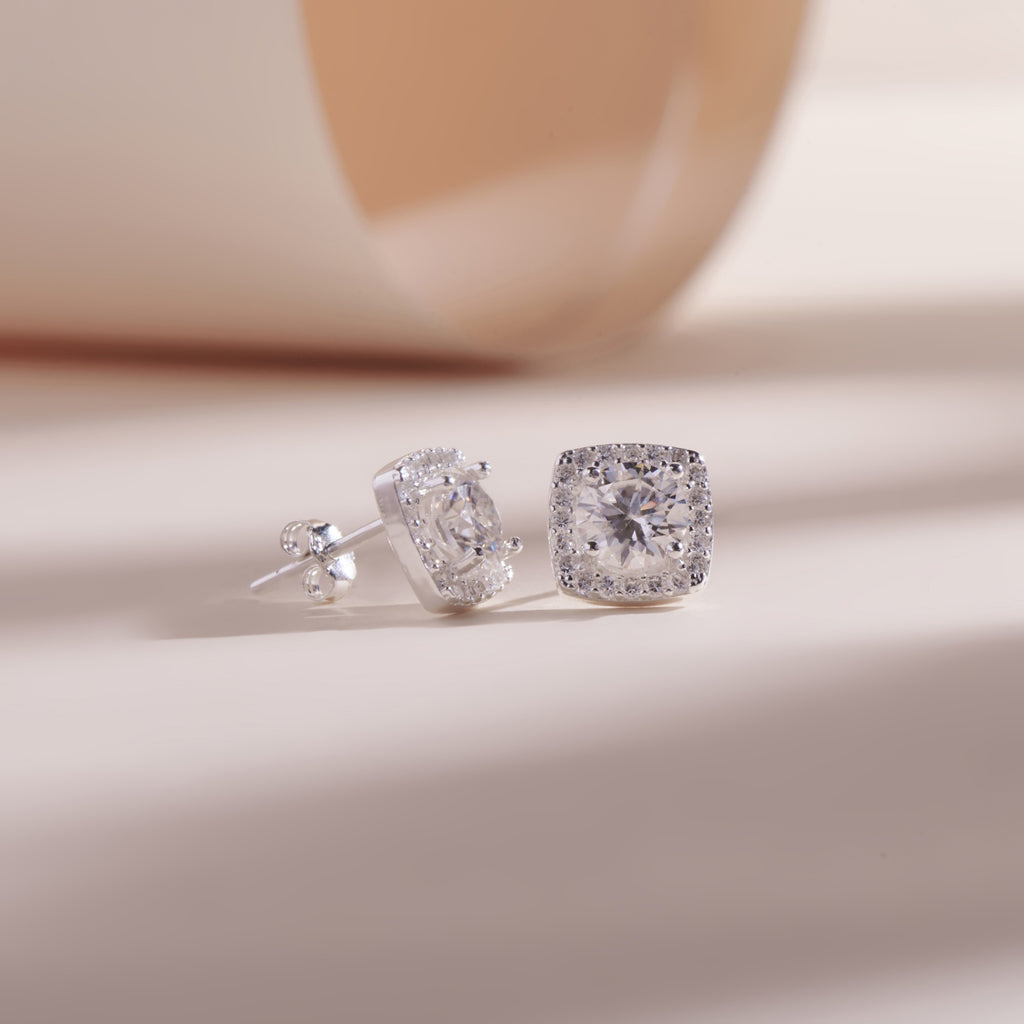 ELVORIA Square Moissanite Stud Earrings 6mm – Platinum Plated 925 Sterling Silver (GRA Certified)