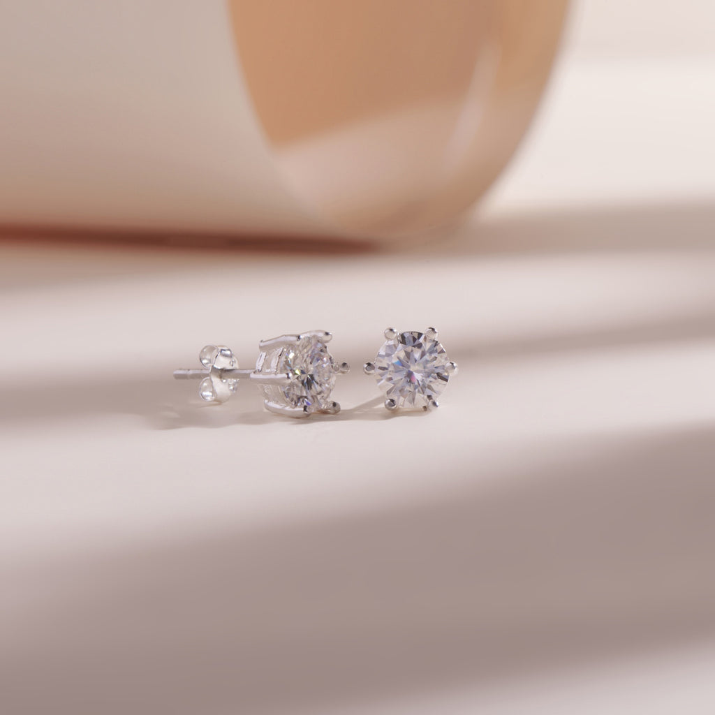 ELVORIA Unisex Moissanite Stud Earrings 6.5mm – Platinum Plated 925 Sterling Silver (GRA Certified)