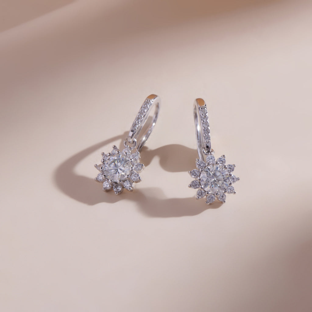 ELVORIA Sunflower Moissanite Earrings 5mm – Platinum Plated 925 Sterling Silver (GRA Certified)