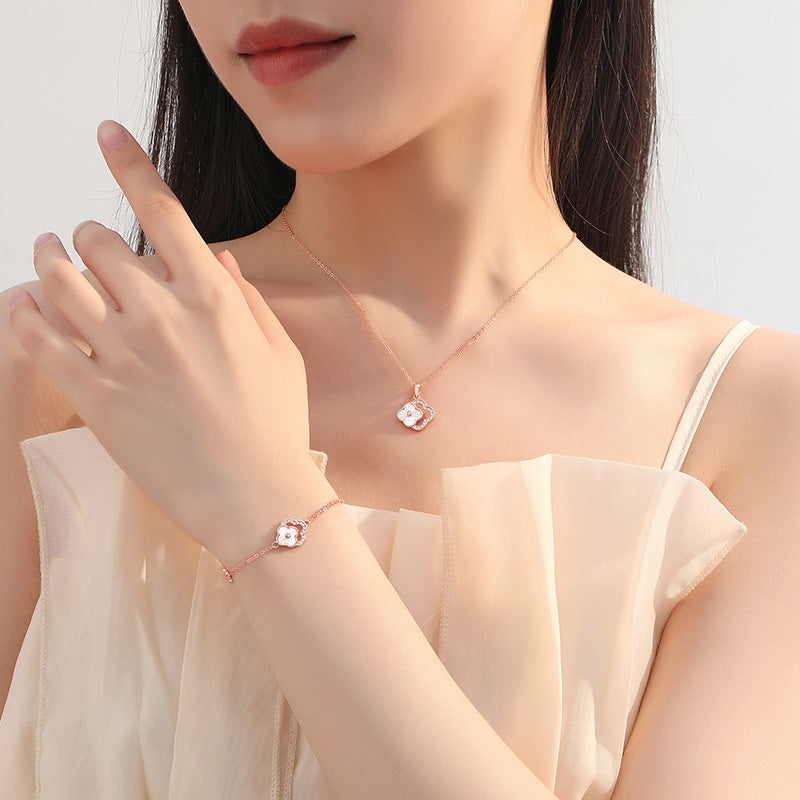 ELVORIA 18K Rose Gold Plated Four Leaf Clover Bracelet – 925 Sterling Silver