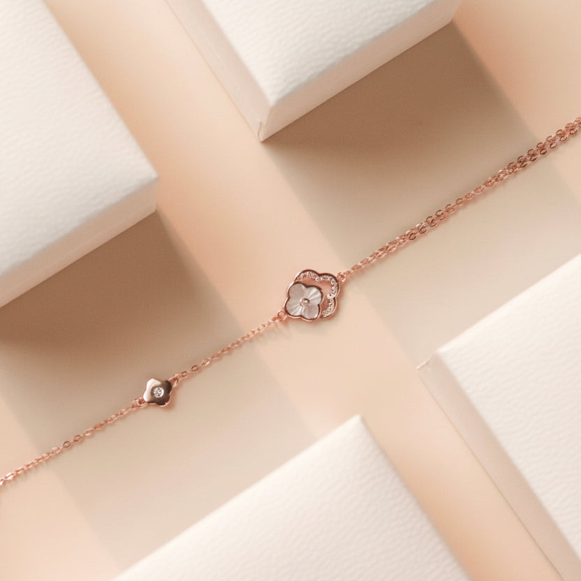 ELVORIA 18K Rose Gold Plated Four Leaf Clover Bracelet – 925 Sterling Silver