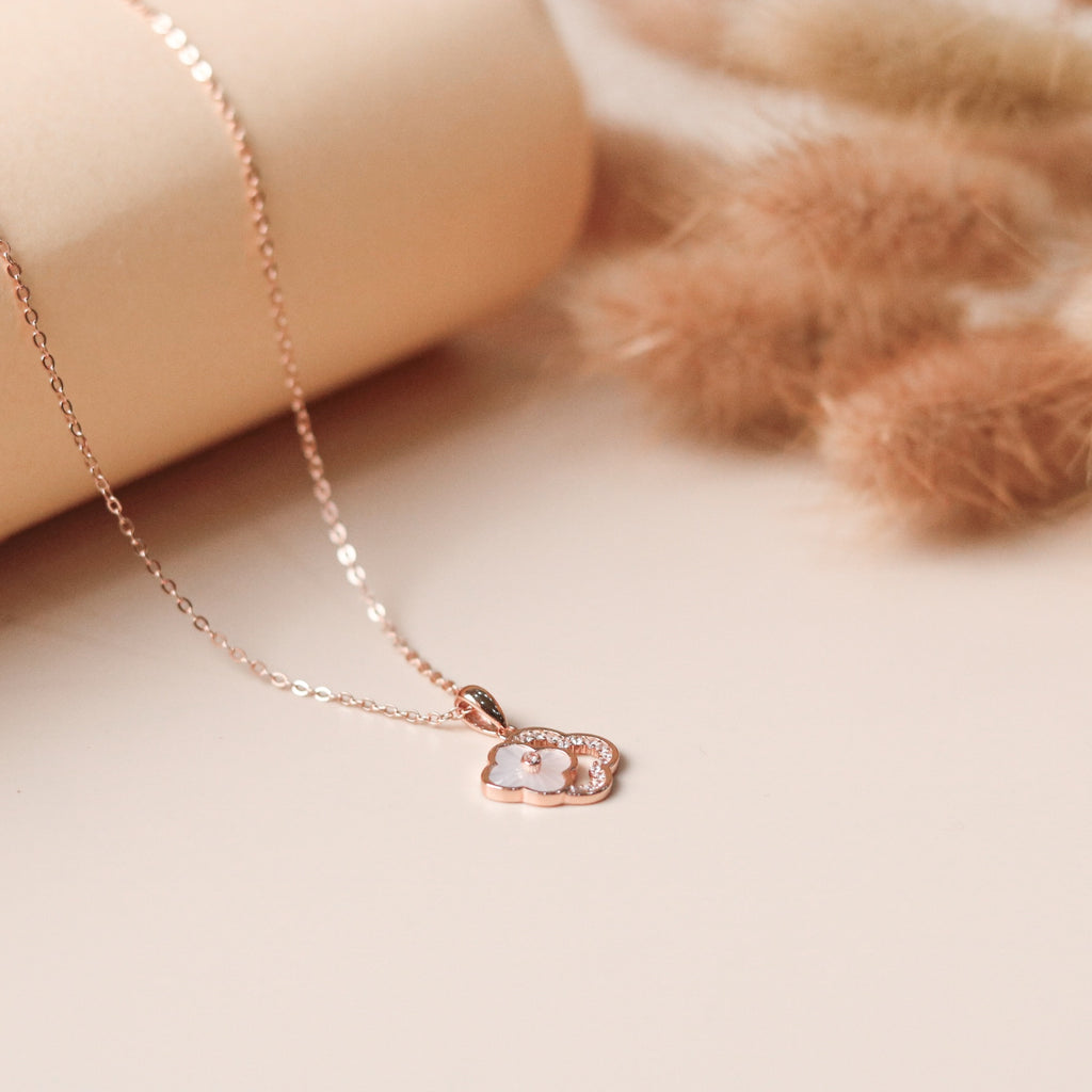 ELVORIA 18K Rose Gold Plated Clover Necklace – 925 Sterling Silver