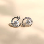 ELVORIA Moon & Star Moissanite Stud Earrings 5mm – Platinum Plated 925 Sterling Silver (GRA Certified)