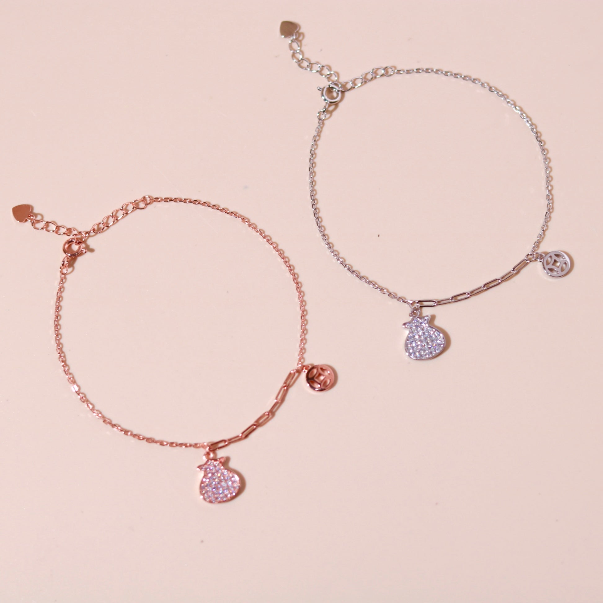 ELVORIA Lucky Coin Pouch Bracelet – Rose Gold & Platinum Plated 925 Sterling Silver