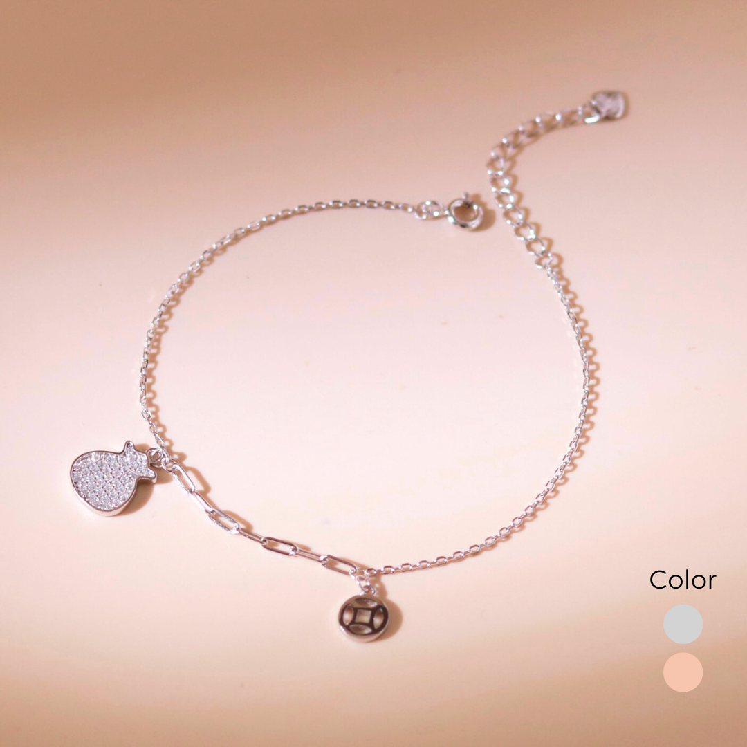 ELVORIA Lucky Coin Pouch Bracelet – Rose Gold & Platinum Plated 925 Sterling Silver