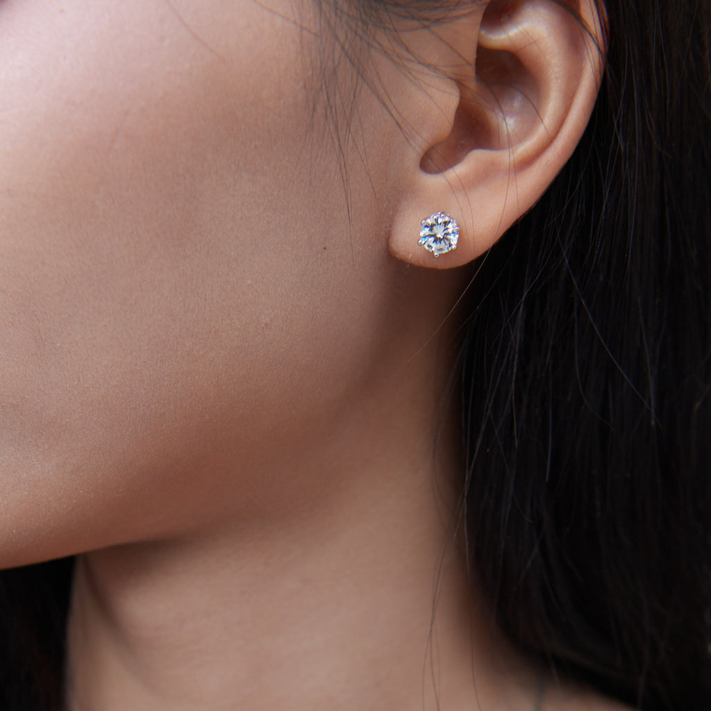 ELVORIA Unisex Moissanite Stud Earrings 6.5mm – Platinum Plated 925 Sterling Silver (GRA Certified)