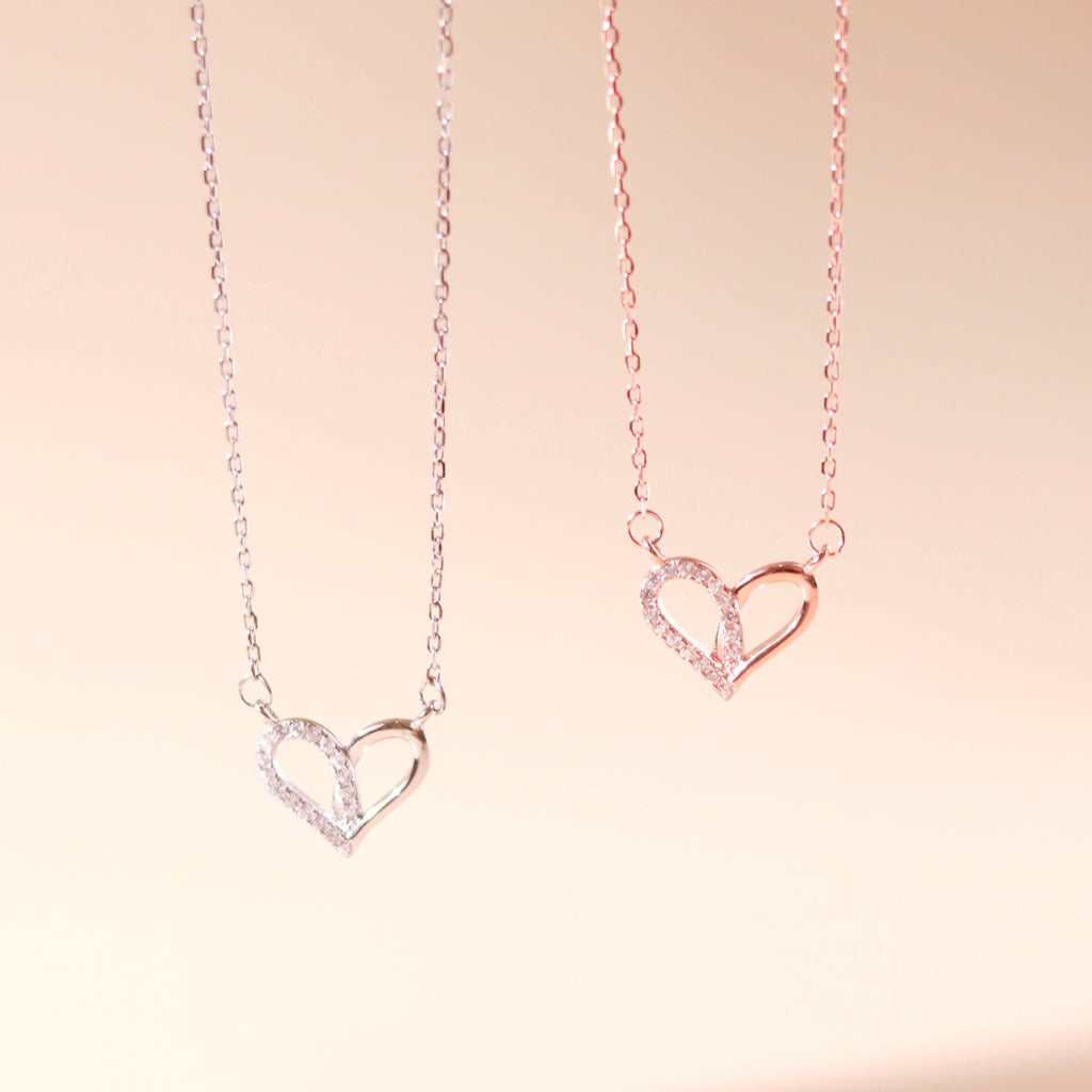 ELVORIA Narci Open Heart Necklace – 18K Rose Gold & Platinum Plated 925 Sterling Silver
