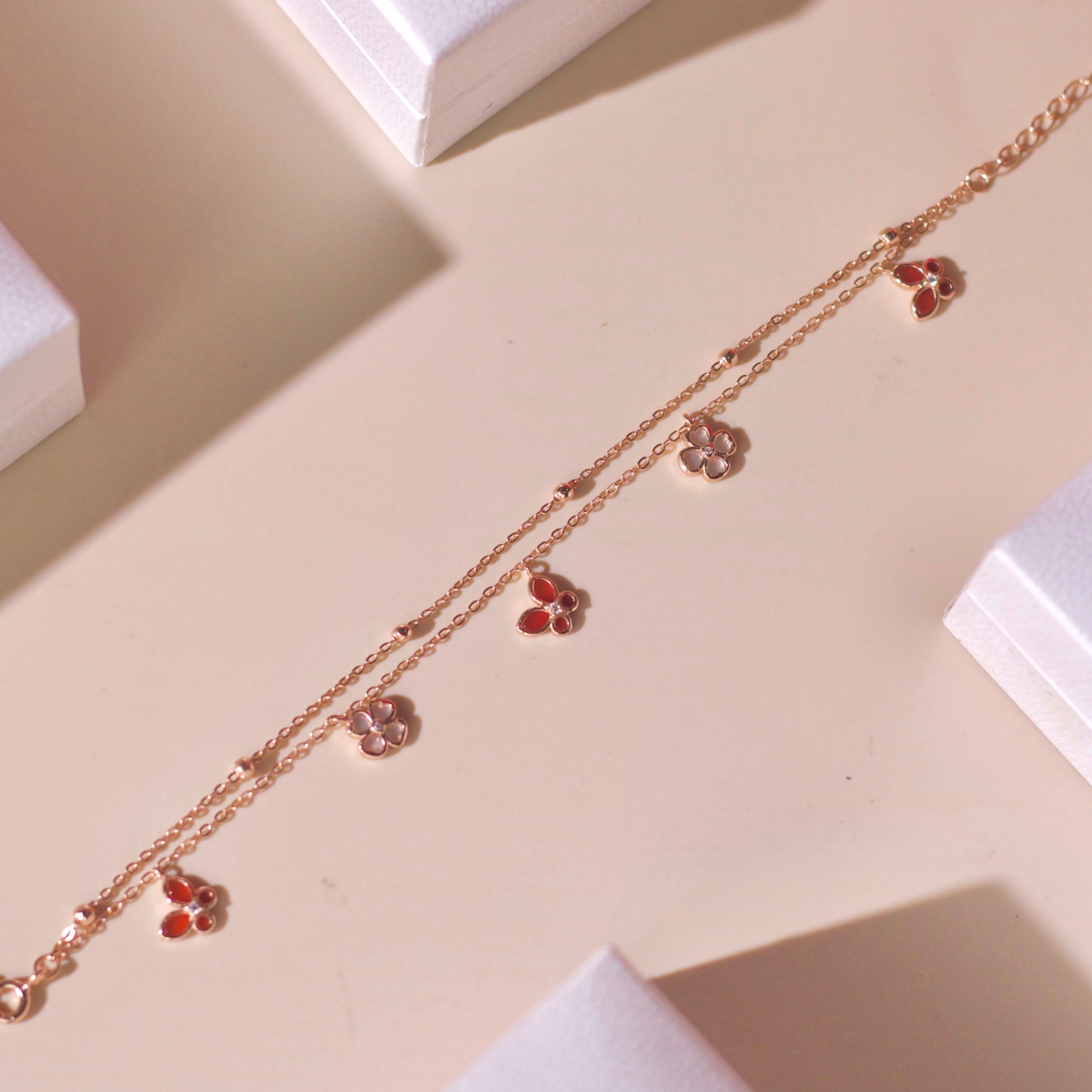 ELVORIA 18K Rose Gold Plated Red Butterfly Clover Bracelet – 925 Sterling Silver