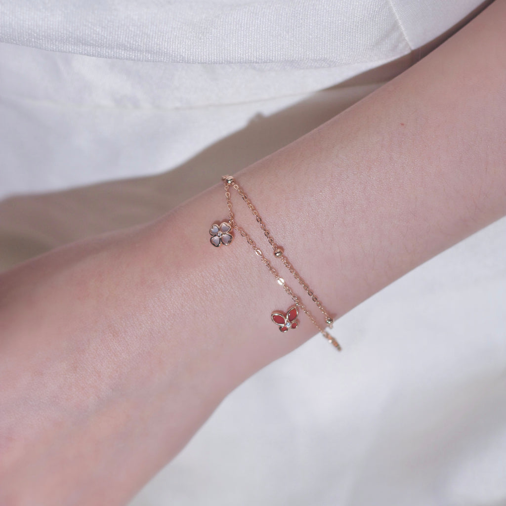 ELVORIA 18K Rose Gold Plated Red Butterfly Clover Bracelet – 925 Sterling Silver