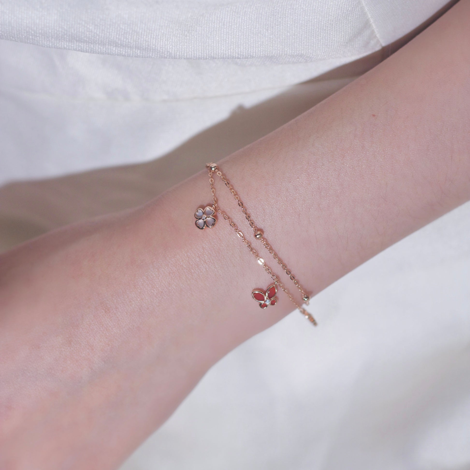 ELVORIA 18K Rose Gold Plated Red Butterfly Clover Bracelet – 925 Sterling Silver