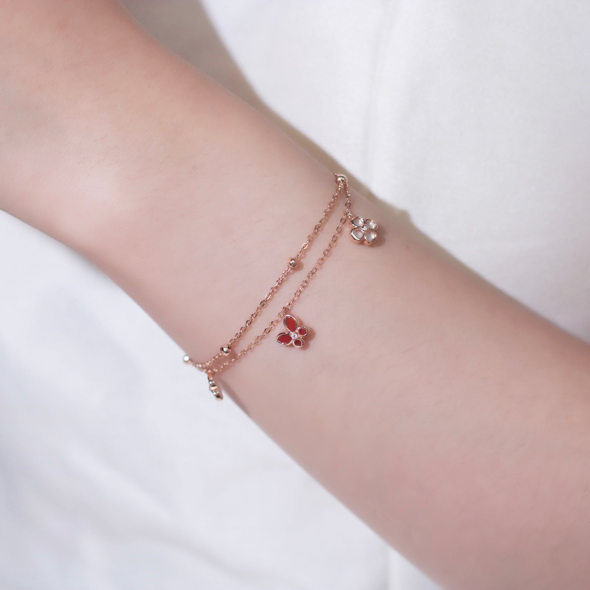 ELVORIA 18K Rose Gold Plated Red Butterfly Clover Bracelet – 925 Sterling Silver