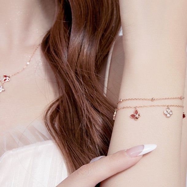 ELVORIA 18K Rose Gold Plated Red Butterfly Clover Bracelet – 925 Sterling Silver