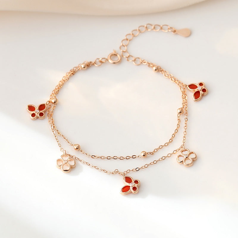 ELVORIA 18K Rose Gold Plated Red Butterfly Clover Bracelet – 925 Sterling Silver
