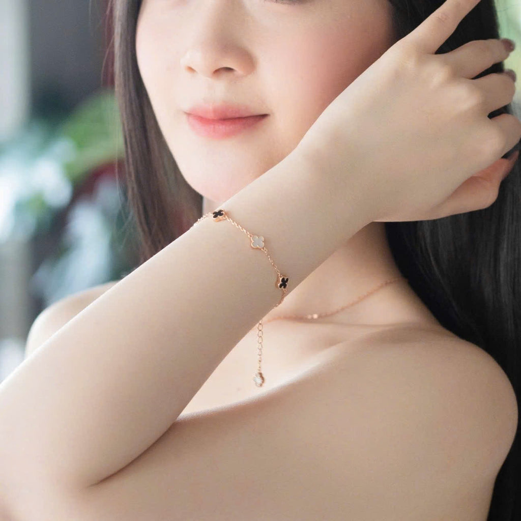 ELVORIA 18K Rose Gold & Platinum Plated Clover Bracelet – 925 Sterling Silver