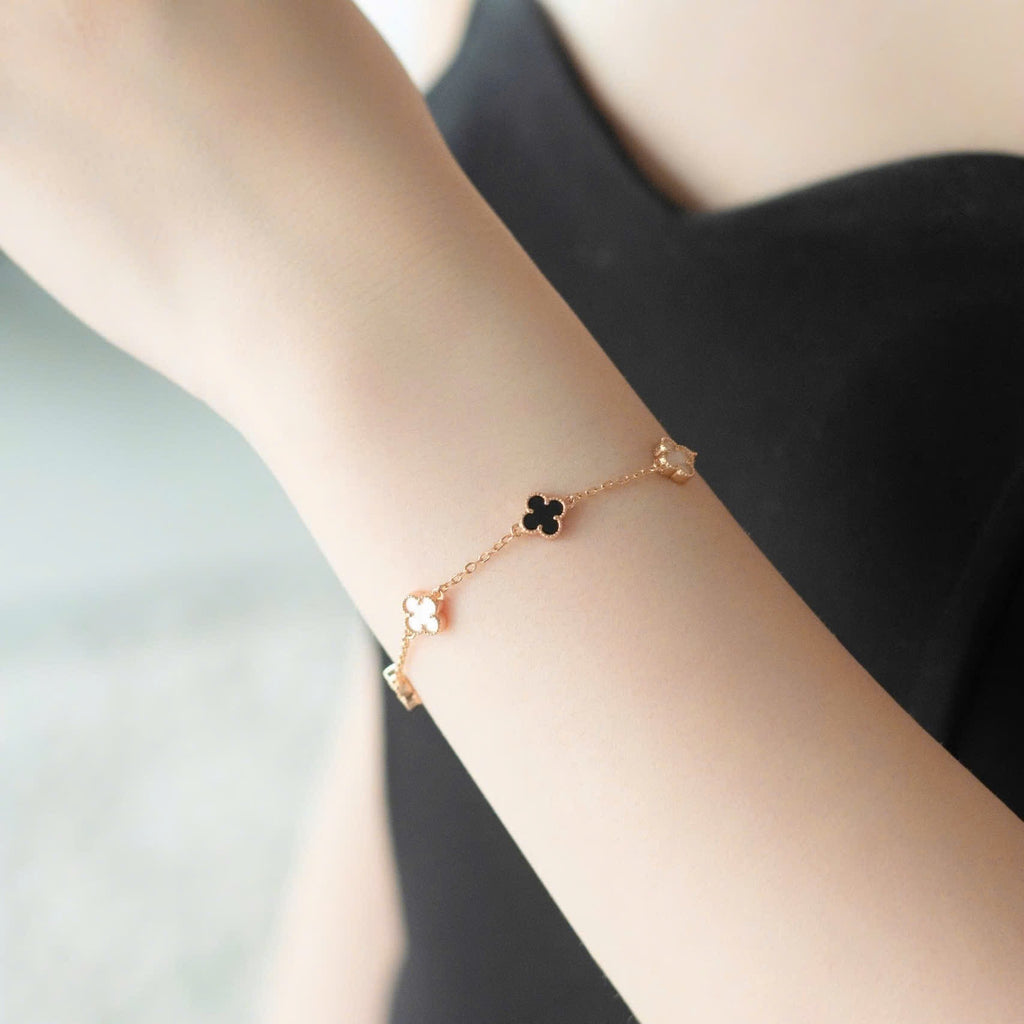 ELVORIA 18K Rose Gold & Platinum Plated Clover Bracelet – 925 Sterling Silver