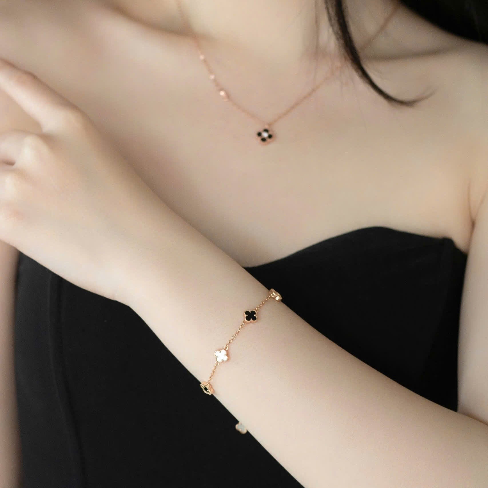 ELVORIA 18K Rose Gold & Platinum Plated Clover Bracelet – 925 Sterling Silver