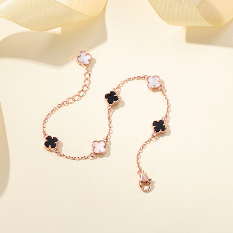 ELVORIA 18K Rose Gold & Platinum Plated Clover Bracelet – 925 Sterling Silver