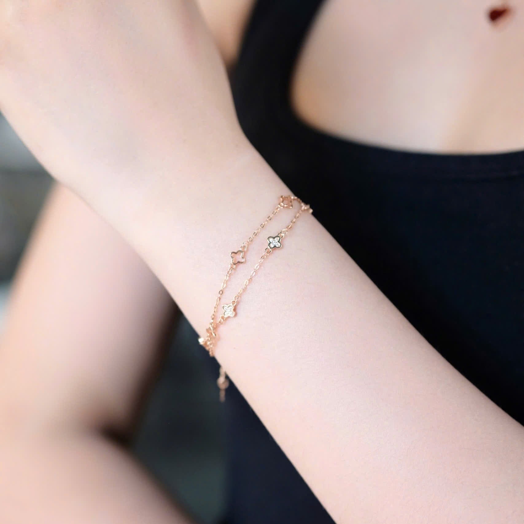 ELVORIA Hera Double-Chain Four-Leaf Clover Bracelet – Rose Gold & Platinum Plated 925 Sterling Silver