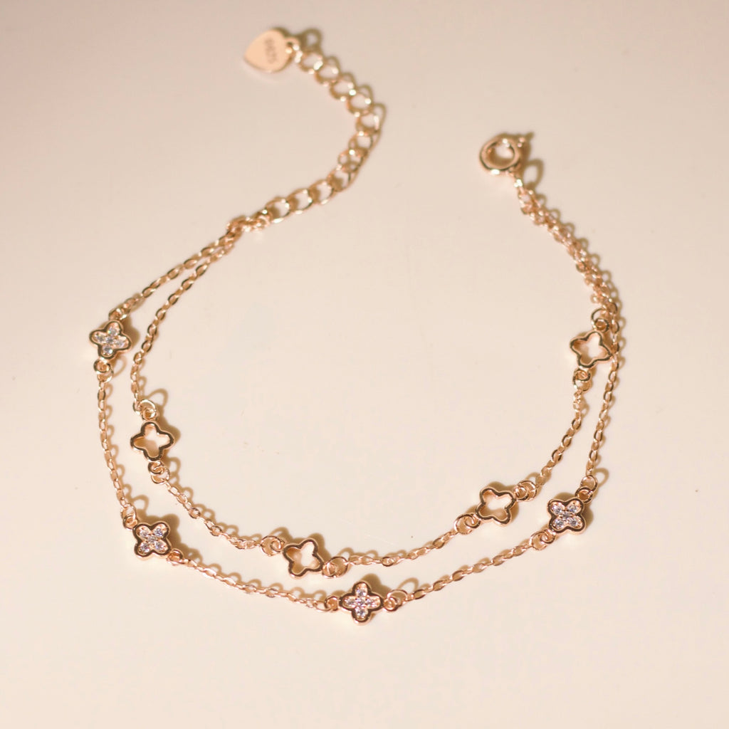 ELVORIA Hera Double-Chain Four-Leaf Clover Bracelet – Rose Gold & Platinum Plated 925 Sterling Silver