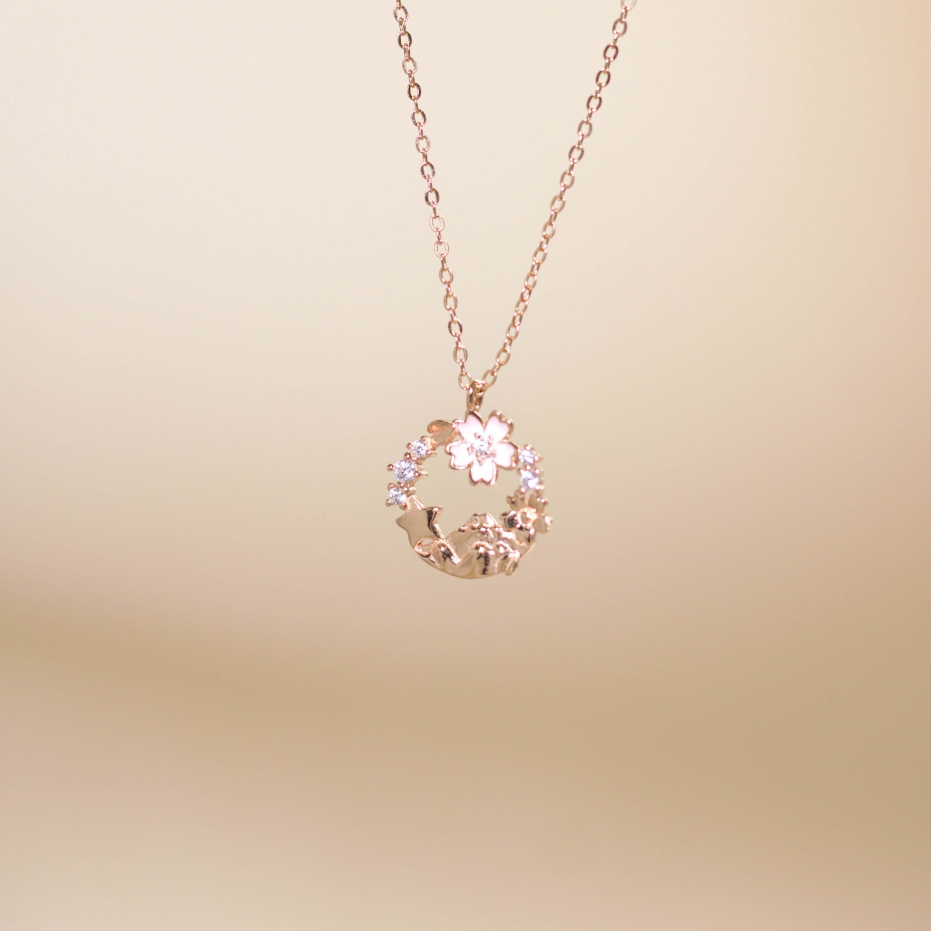 ELVORIA Cherry Bloom Necklace – 18K Rose Gold Plated 925 Sterling Silver