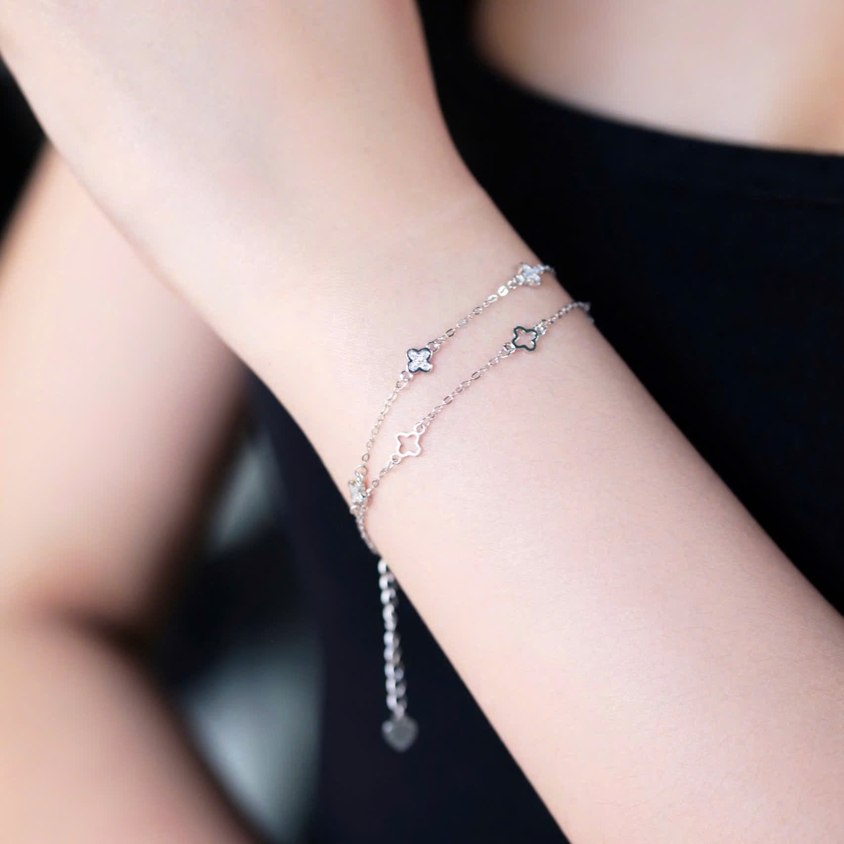 ELVORIA Hera Double-Chain Four-Leaf Clover Bracelet – Rose Gold & Platinum Plated 925 Sterling Silver