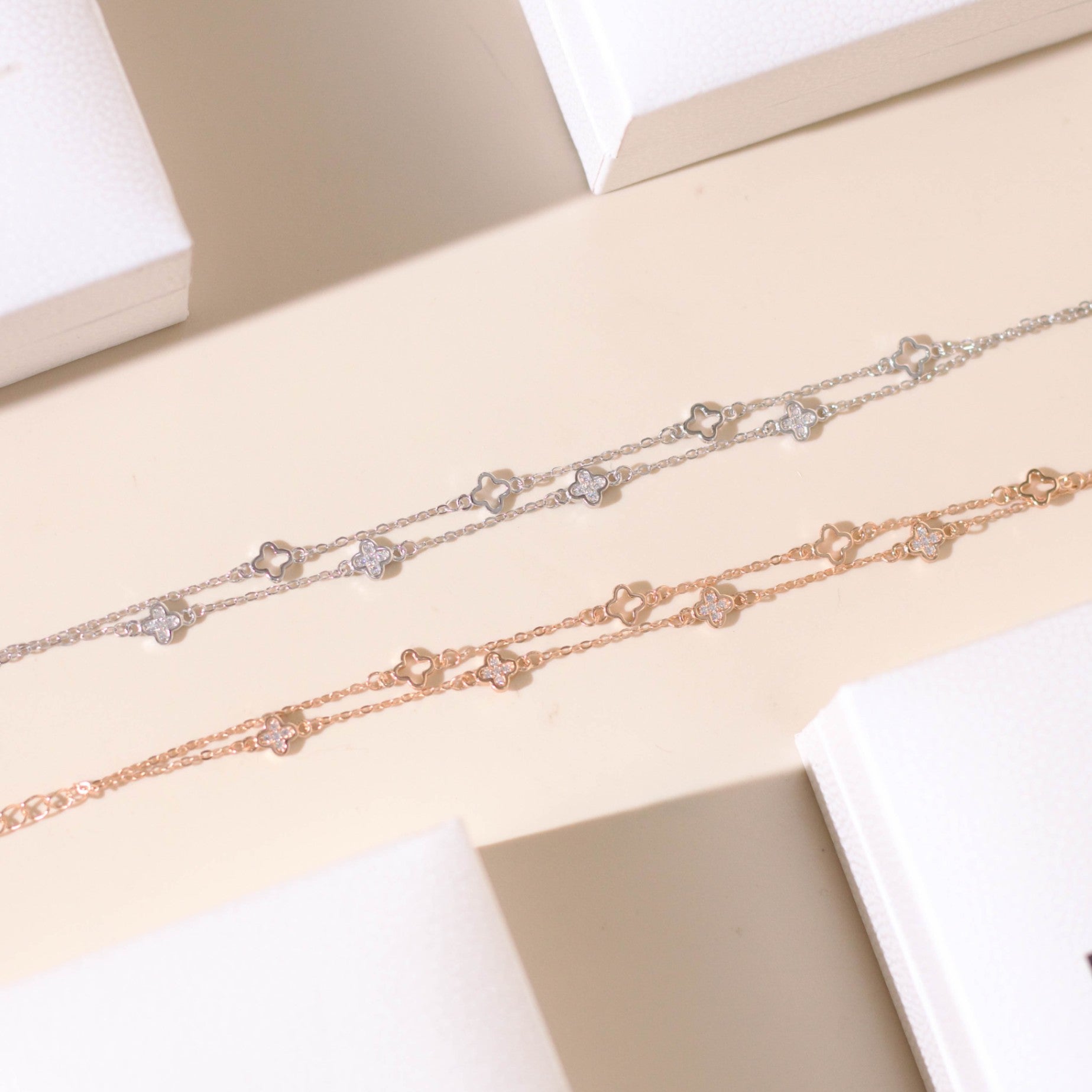 ELVORIA Hera Double-Chain Four-Leaf Clover Bracelet – Rose Gold & Platinum Plated 925 Sterling Silver