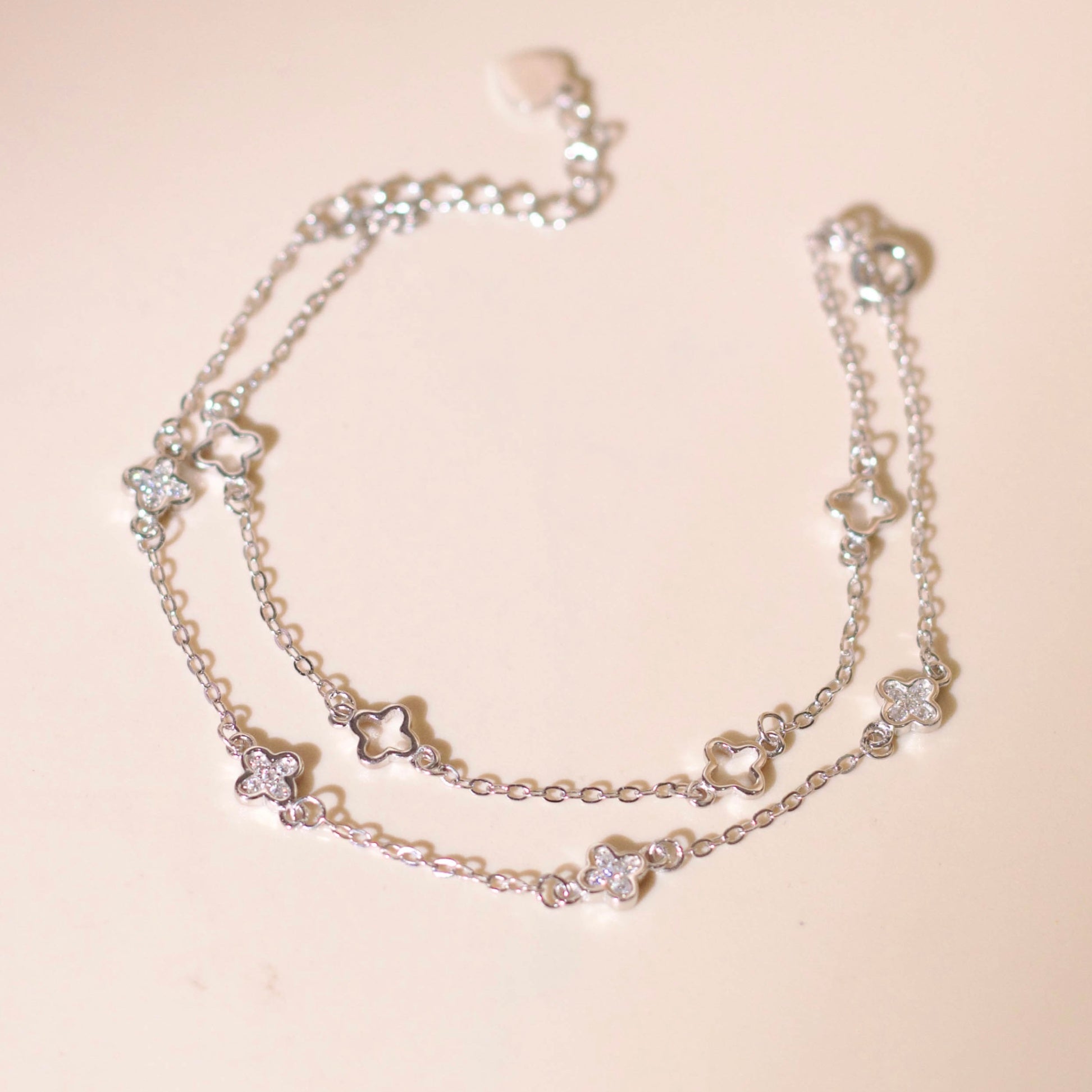 ELVORIA Hera Double-Chain Four-Leaf Clover Bracelet – Rose Gold & Platinum Plated 925 Sterling Silver