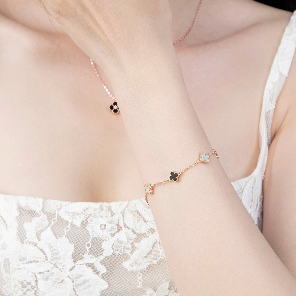 ELVORIA 18K Rose Gold & Platinum Plated Clover Bracelet – 925 Sterling Silver