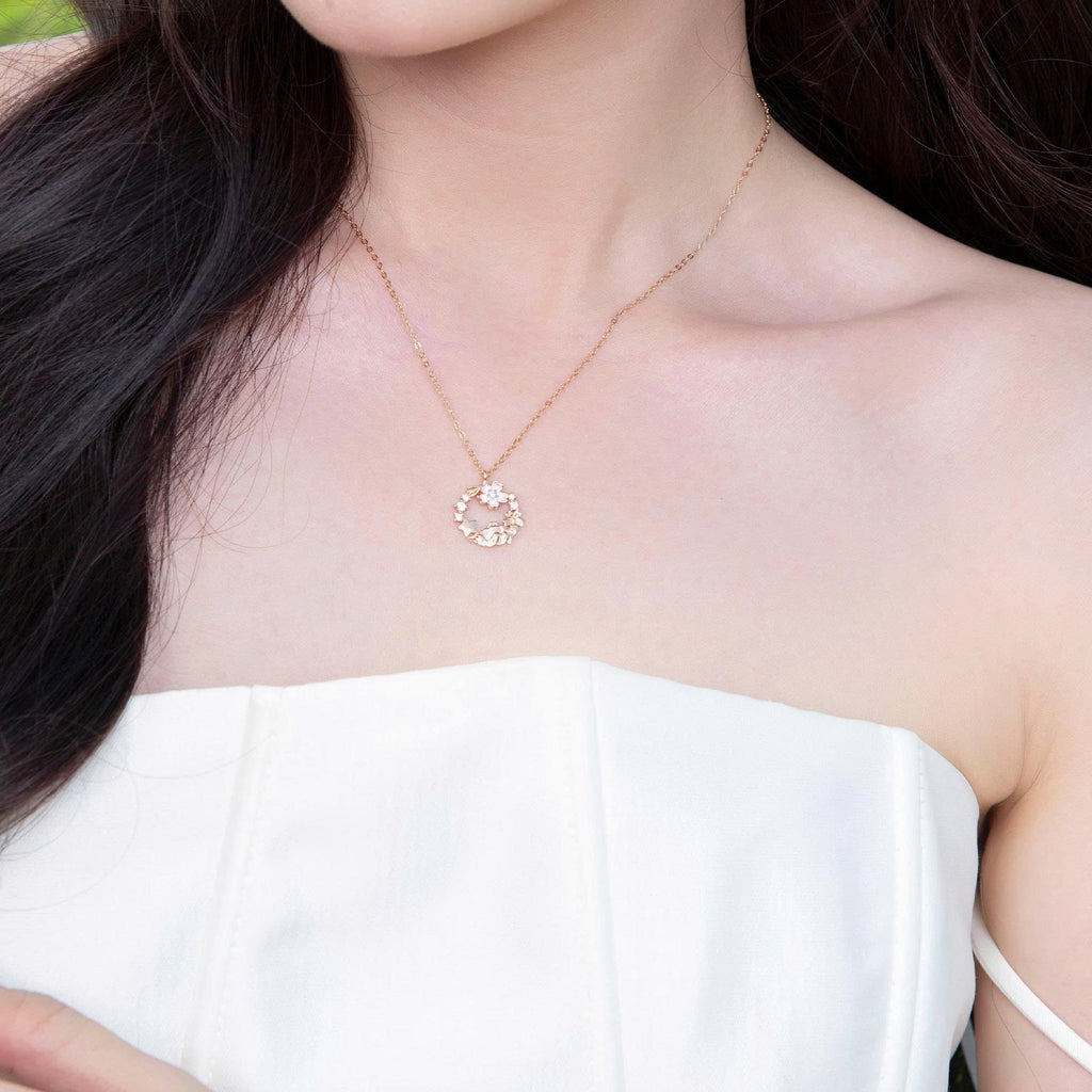 ELVORIA Cherry Bloom Necklace – 18K Rose Gold Plated 925 Sterling Silver