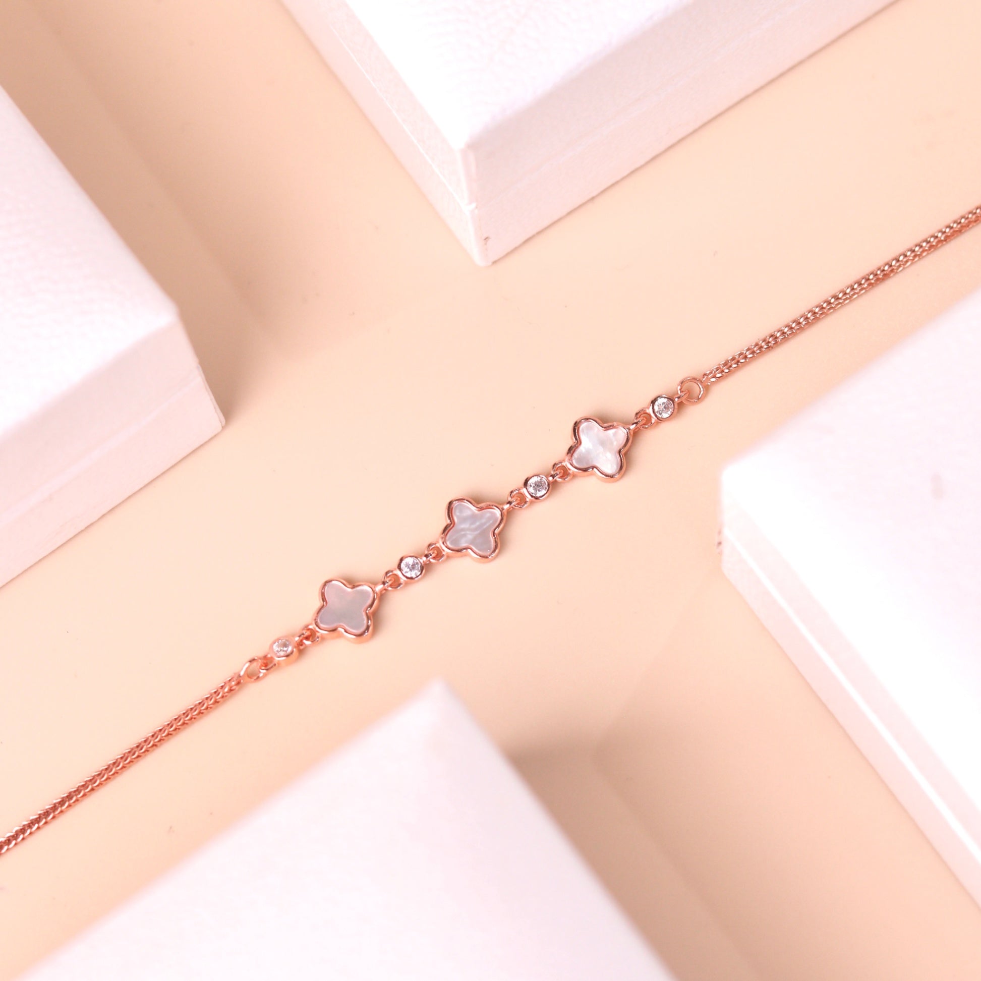 ELVORIA 18K Rose Gold Plated Clover Bracelet – Fancy Design in 925 Sterling Silver