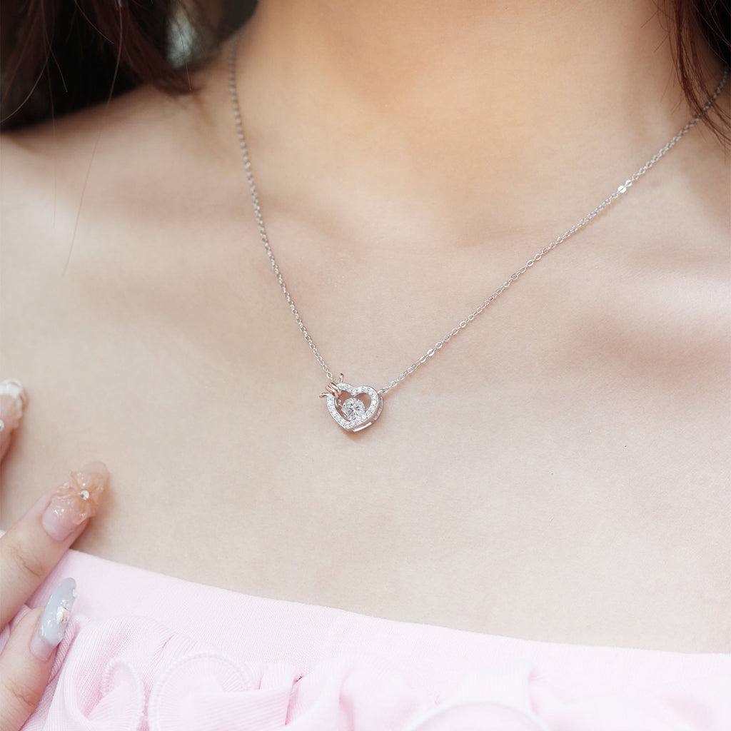 ELVORIA Rumi Dancing Heart Necklace – Platinum Plated 925 Sterling Silver