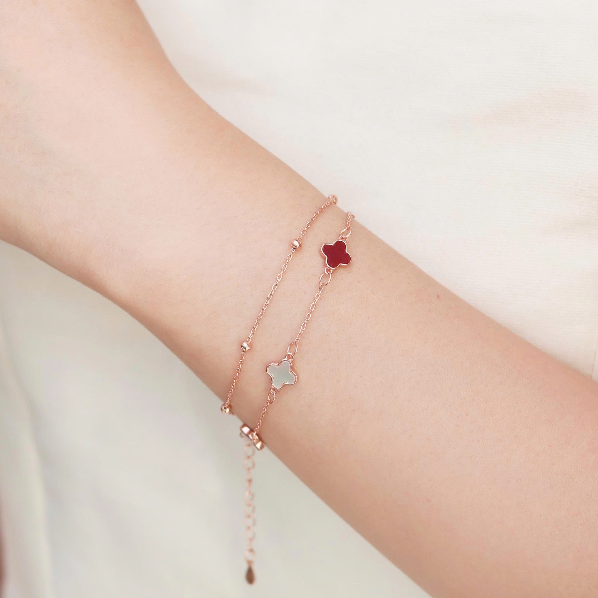 ELVORIA 18K Rose Gold Plated Ruby Clover Bracelet – 925 Sterling Silver