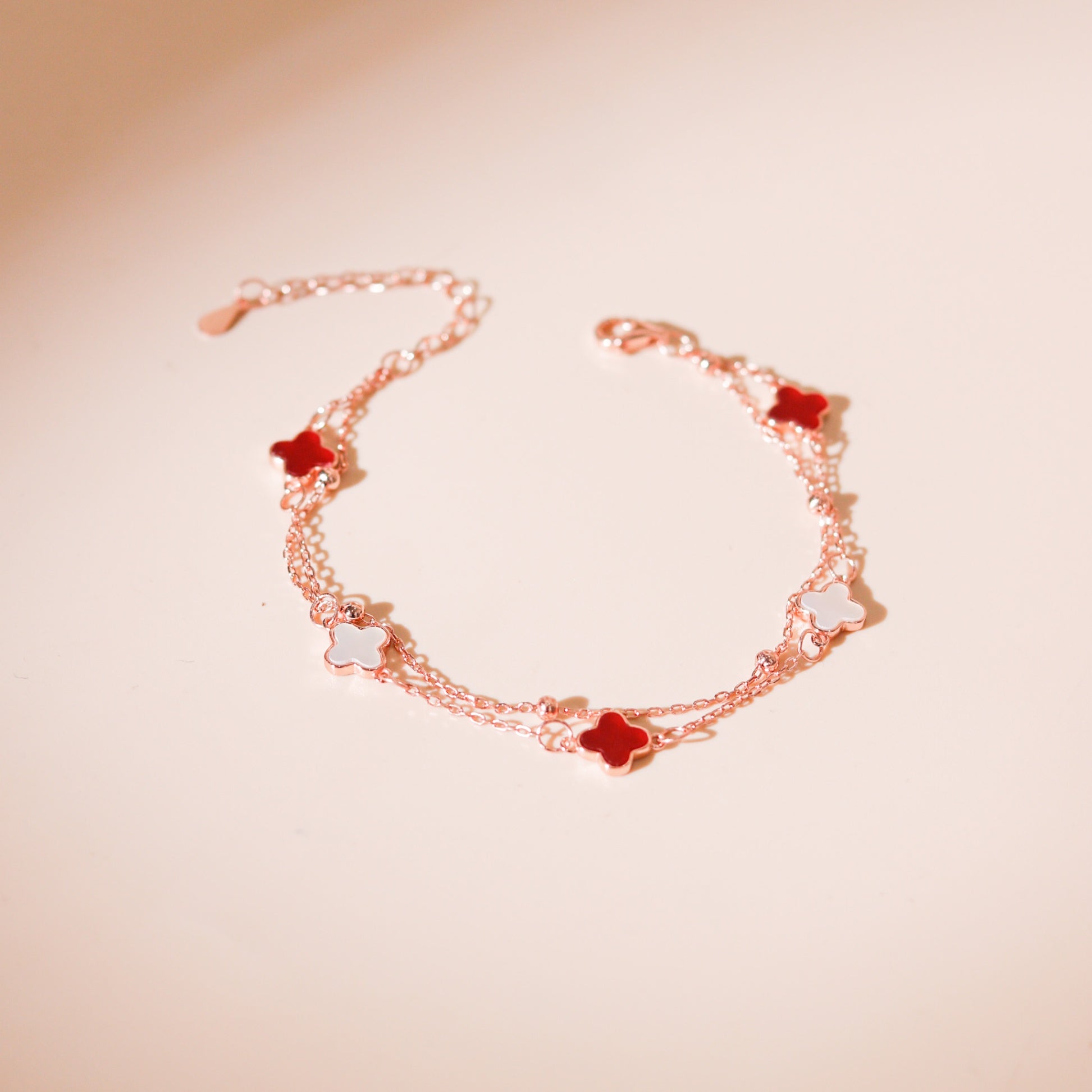 ELVORIA 18K Rose Gold Plated Ruby Clover Bracelet – 925 Sterling Silver