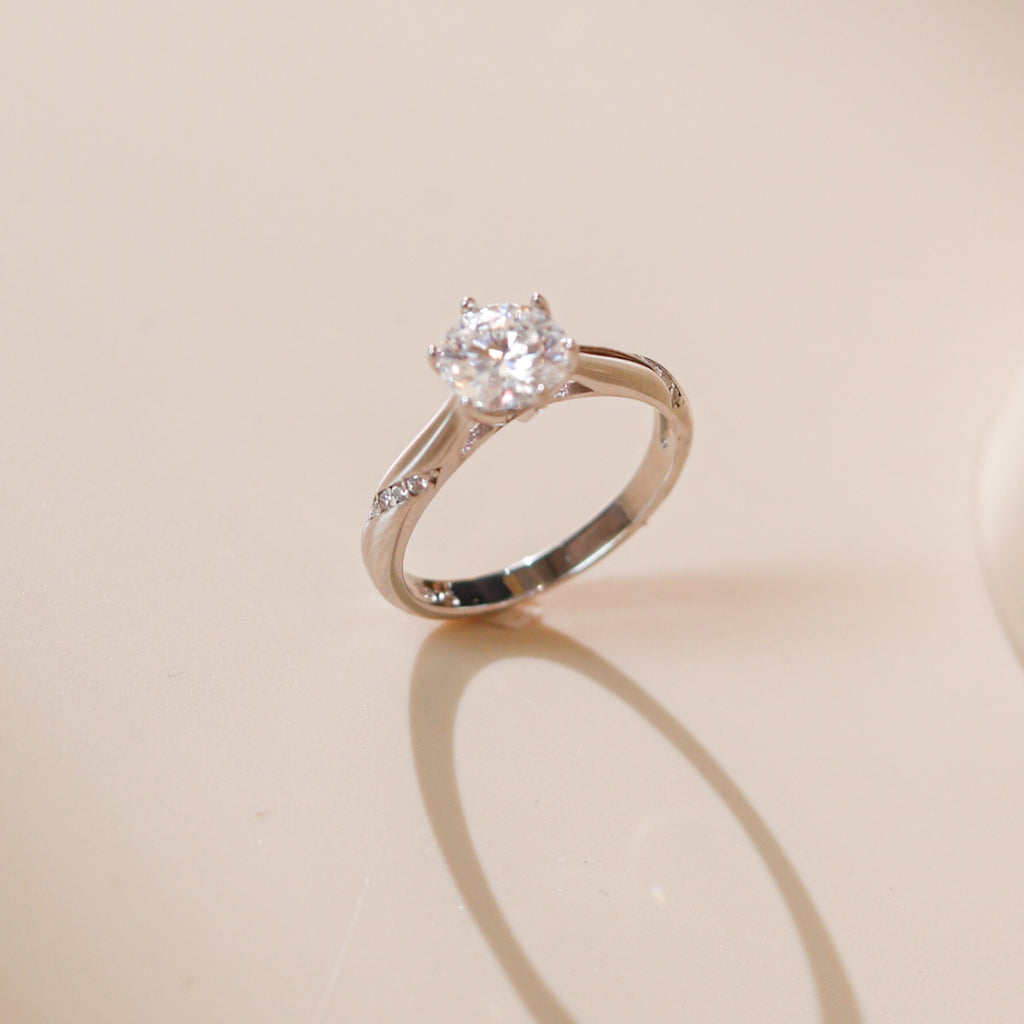 ELVORIA 6.5mm Moissanite Ring GRA ELVDA142– Platinum Plated 925 Sterling Silver