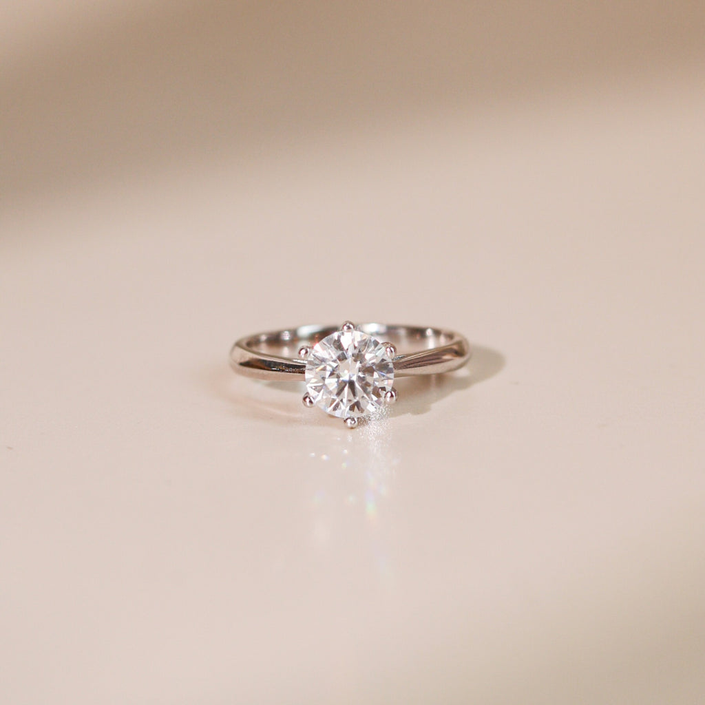 ELVORIA 6.5mm Moissanite Ring GRA ELVDA143 – Platinum Plated 925 Sterling Silver