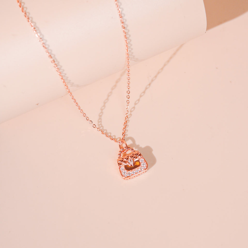 ELVORIA Chérie Bag Necklace – 18K Rose Gold Plated 925 Sterling Silver