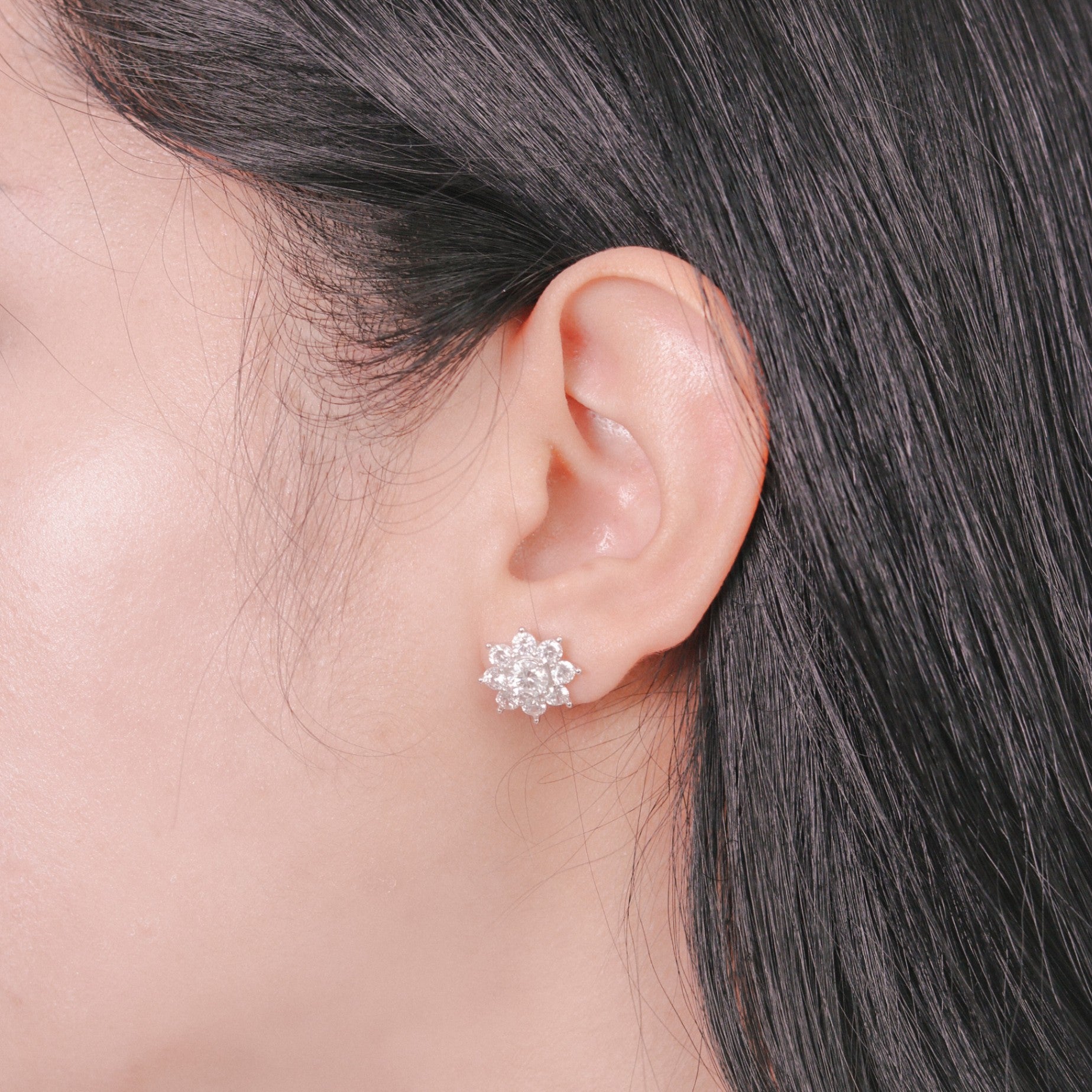 ELVORIA Shella Eight-Petal Flower Moissanite Earrings in 925 Sterling Silver – Platinum Finish