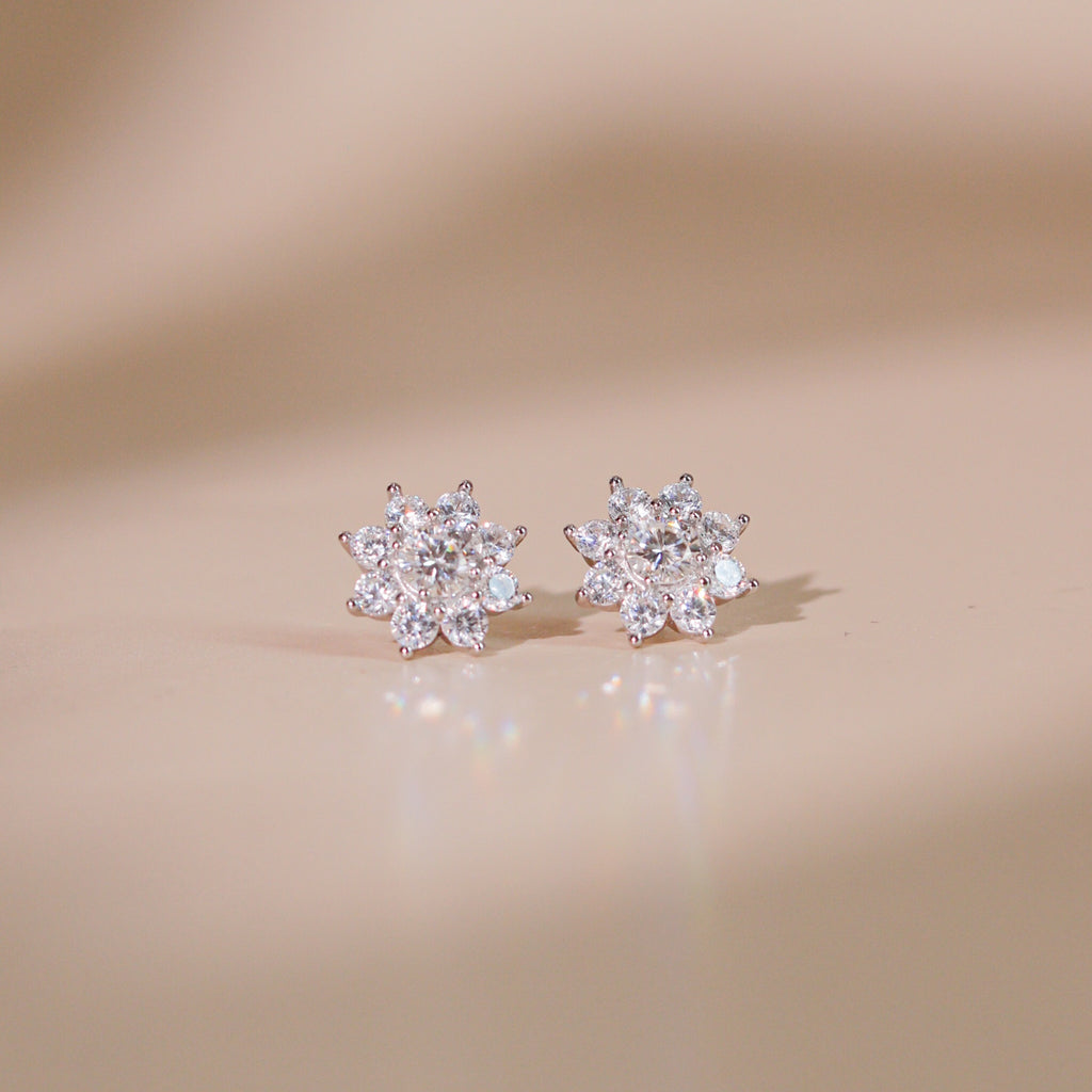 ELVORIA Shella Eight-Petal Flower Moissanite Earrings in 925 Sterling Silver – Platinum Finish