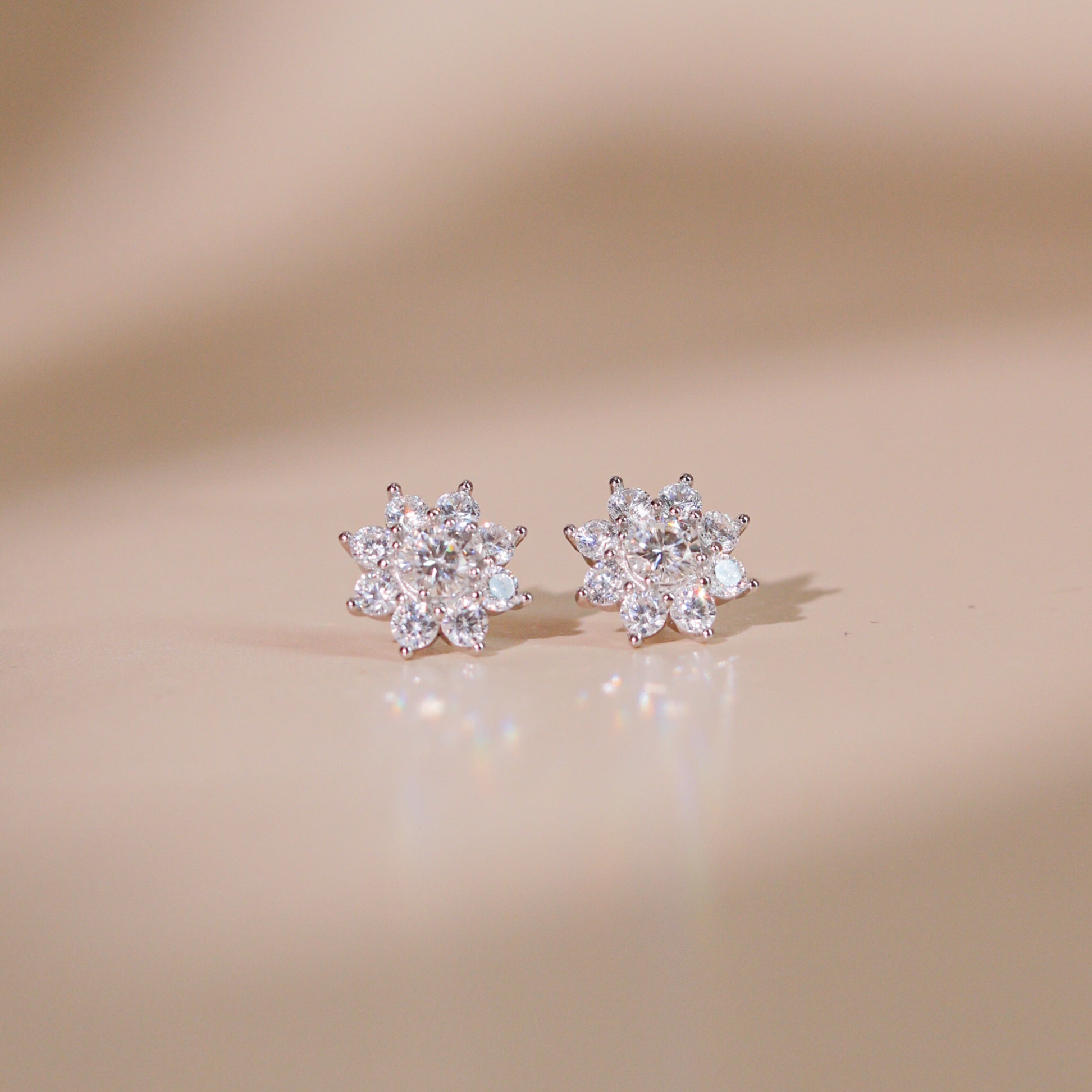 ELVORIA Shella Eight-Petal Flower Moissanite Earrings in 925 Sterling Silver – Platinum Finish