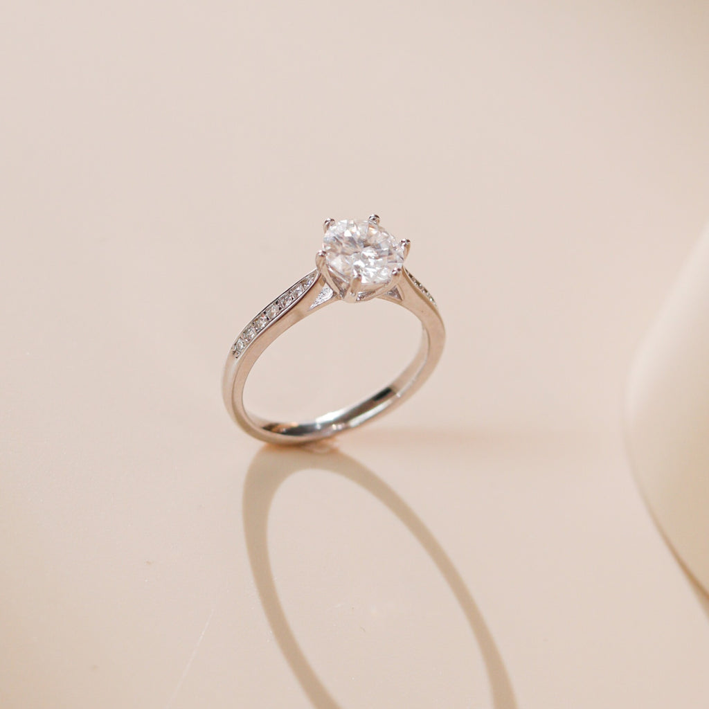 ELVORIA 6.5mm Moissanite Ring GRA ELVDA143 – Platinum Plated 925 Sterling Silver