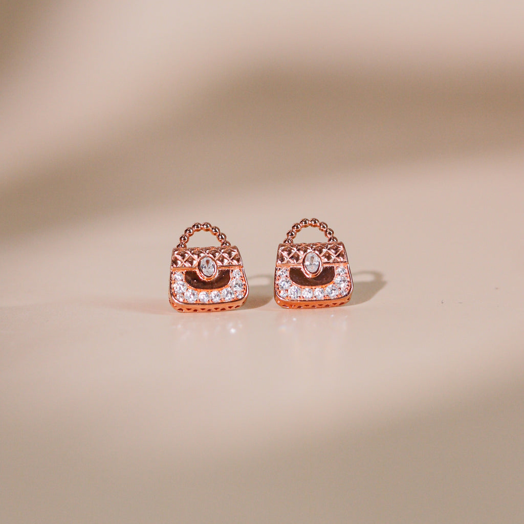 ELVORIA Chérie Bag Earrings – 18K Rose Gold Plated 925 Sterling Silver