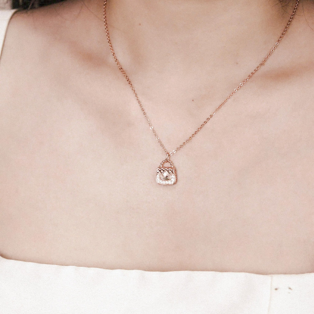ELVORIA Chérie Bag Necklace – 18K Rose Gold Plated 925 Sterling Silver