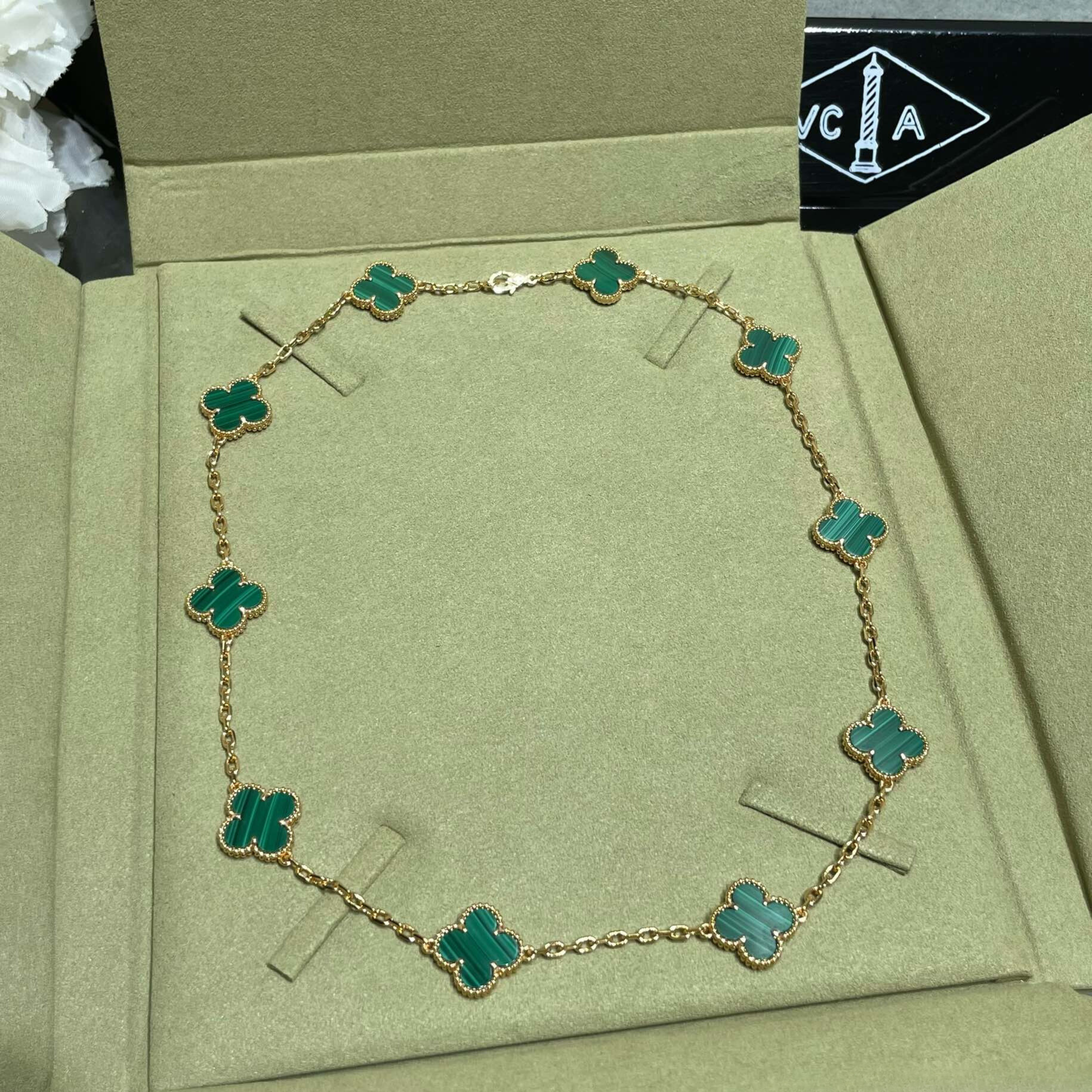 18K Celestial Vintage Alhambra Malachite 10 Motifs Necklace