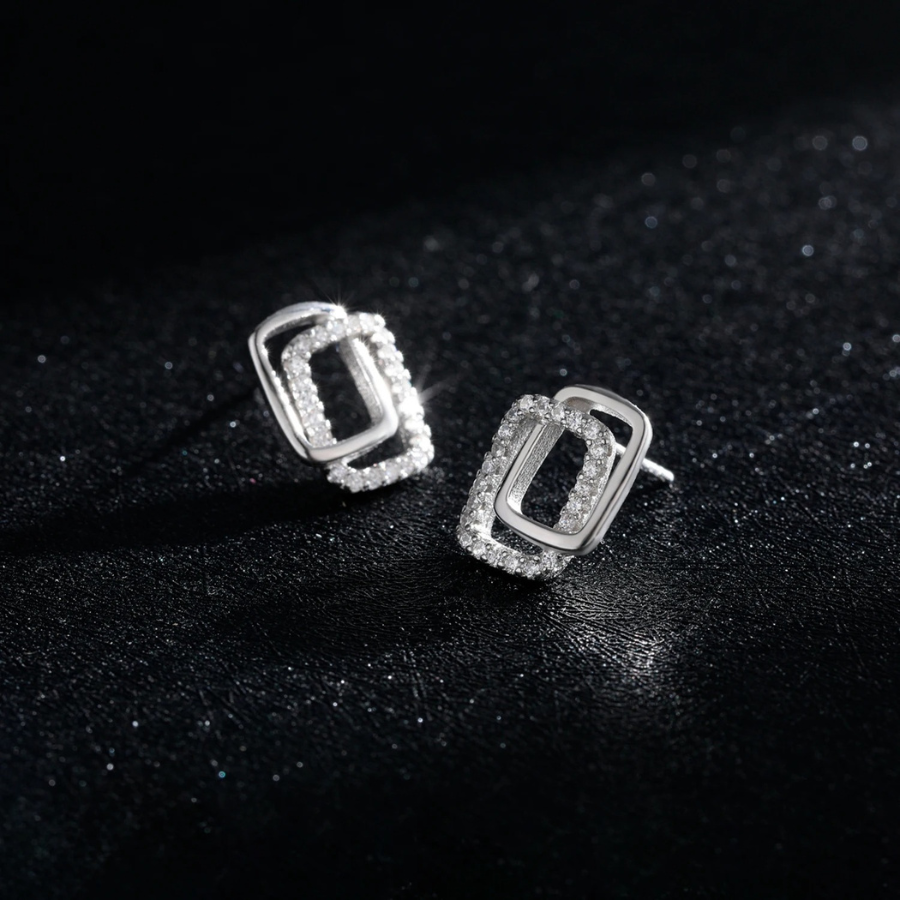 Modern Double Geometric CZ Earrings – 925 Sterling Silver